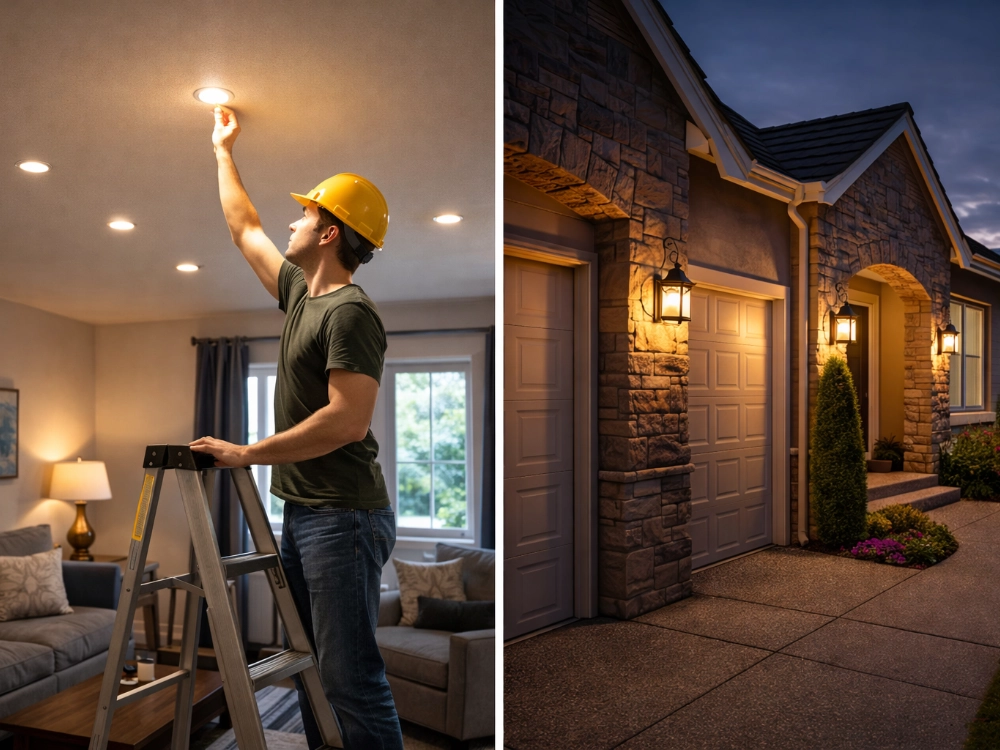 Examples of indoor recessed ceiling lights and outdoor sconce lighting